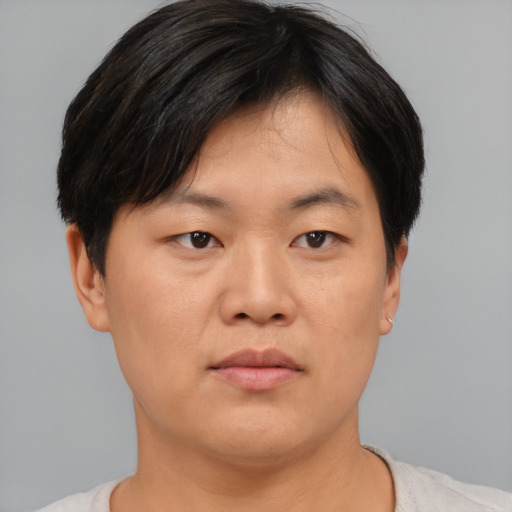 Neutral asian young-adult female with short  black hair and brown eyes