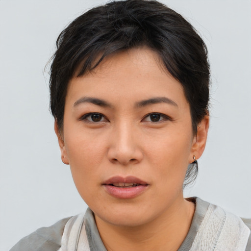 Neutral asian young-adult female with short  black hair and brown eyes