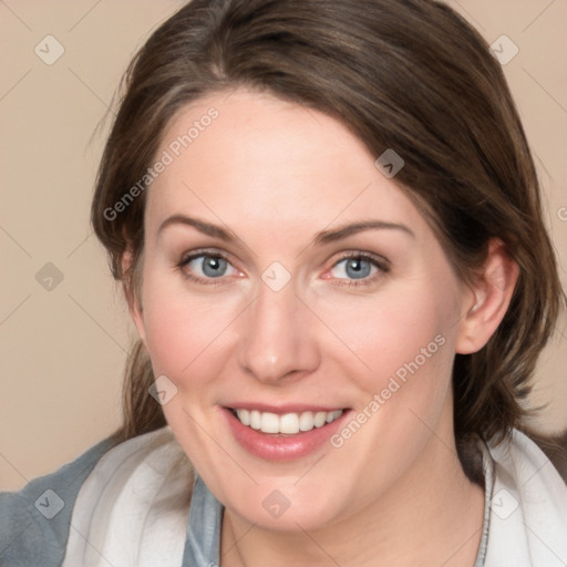 Joyful white young-adult female with medium  brown hair and blue eyes