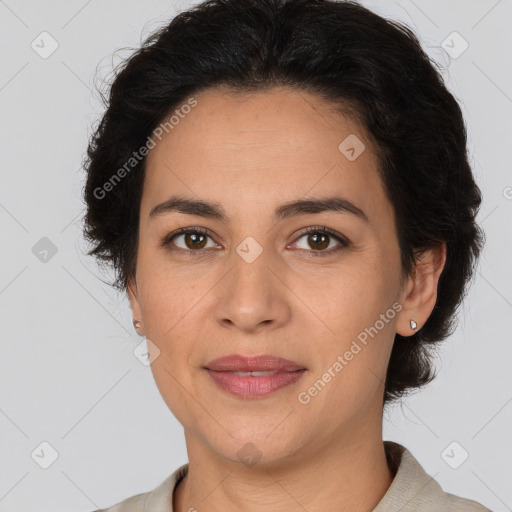 Joyful white adult female with short  brown hair and brown eyes