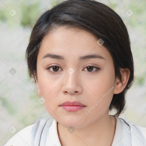 Neutral white young-adult female with medium  brown hair and brown eyes