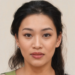 Neutral asian young-adult female with medium  brown hair and brown eyes