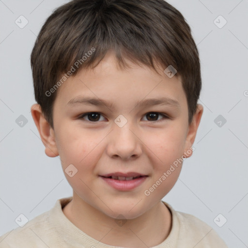 Joyful white child female with short  brown hair and brown eyes