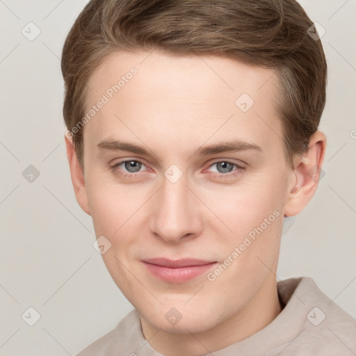 Joyful white young-adult female with short  brown hair and grey eyes