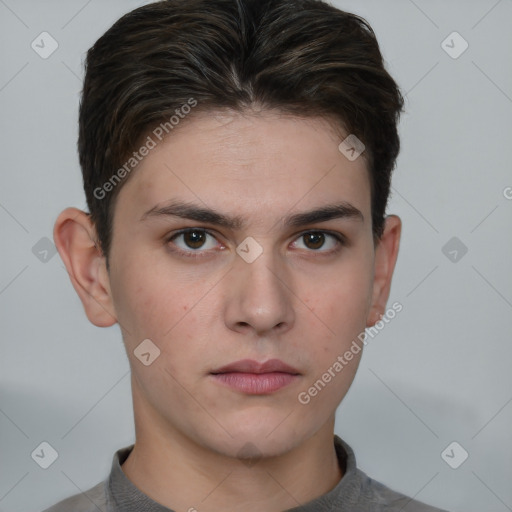 Neutral white young-adult male with short  brown hair and brown eyes