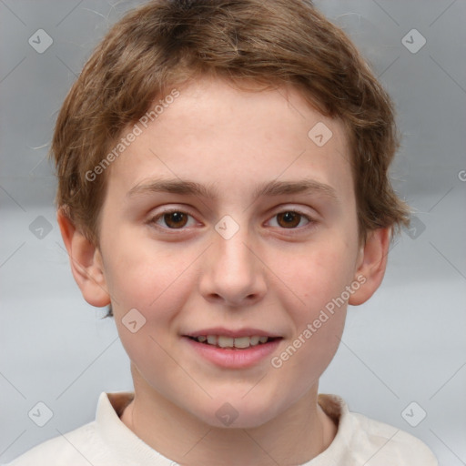 Joyful white child male with short  brown hair and brown eyes