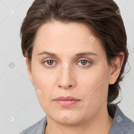 Neutral white young-adult female with short  brown hair and brown eyes