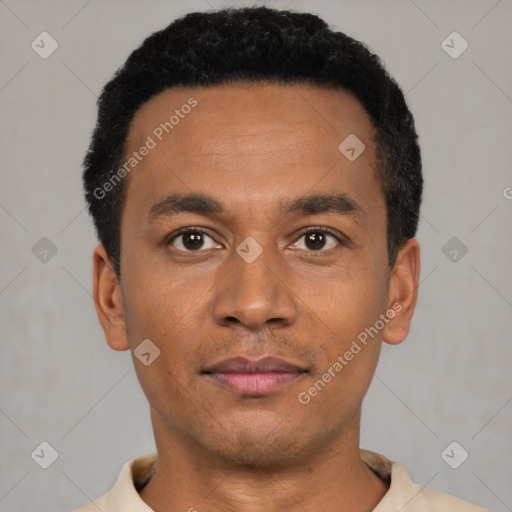 Neutral latino young-adult male with short  black hair and brown eyes