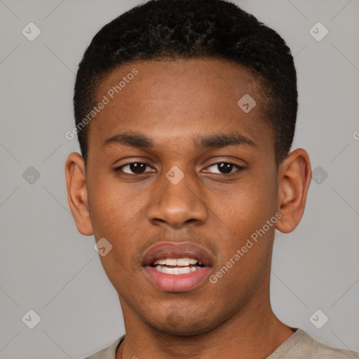 Joyful latino young-adult male with short  brown hair and brown eyes