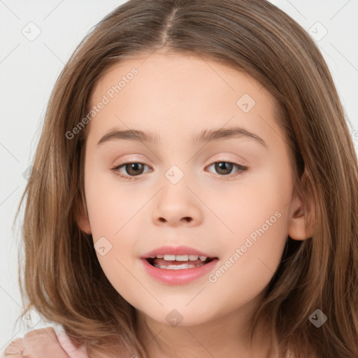 Joyful white child female with long  brown hair and brown eyes