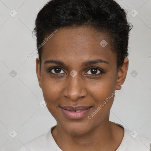 Joyful black young-adult female with short  brown hair and brown eyes