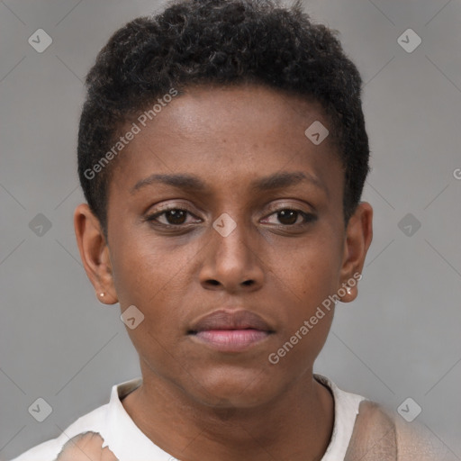 Neutral black young-adult female with short  brown hair and brown eyes