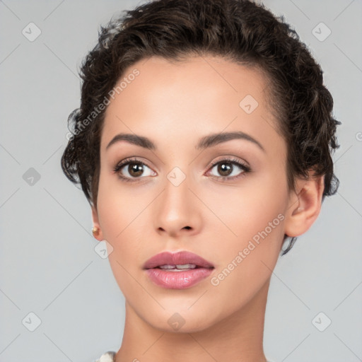 Neutral white young-adult female with short  brown hair and brown eyes