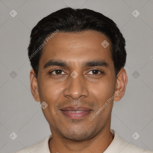 Joyful latino young-adult male with short  black hair and brown eyes