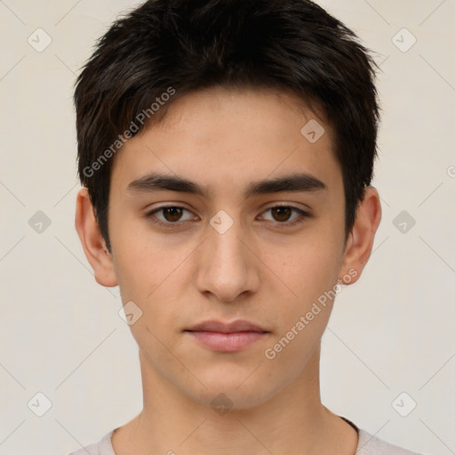 Neutral white young-adult male with short  brown hair and brown eyes