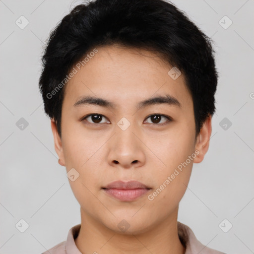 Neutral asian young-adult male with short  black hair and brown eyes