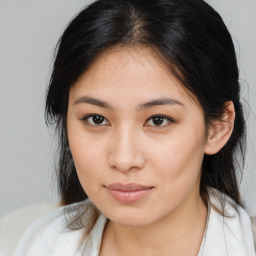 Neutral asian young-adult female with medium  brown hair and brown eyes