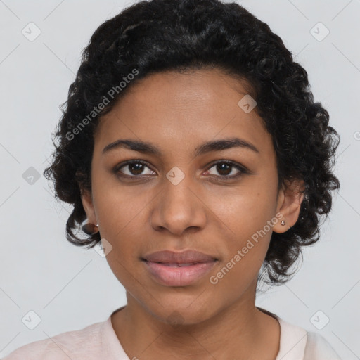 Joyful latino young-adult female with short  black hair and brown eyes