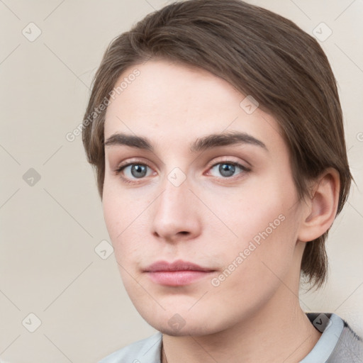 Neutral white young-adult female with medium  brown hair and grey eyes