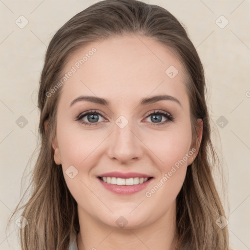 Joyful white young-adult female with long  brown hair and grey eyes