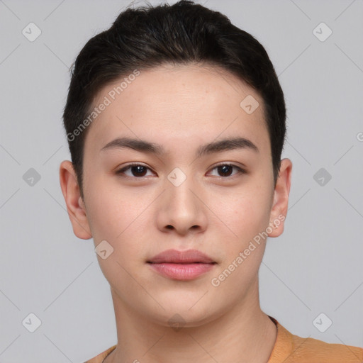 Neutral asian young-adult male with short  brown hair and brown eyes