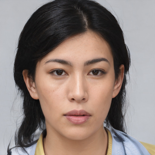 Neutral asian young-adult female with medium  black hair and brown eyes
