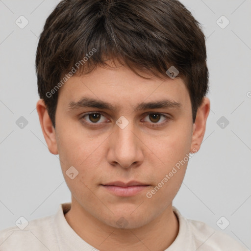 Neutral white young-adult male with short  brown hair and brown eyes