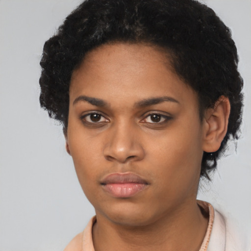 Neutral latino young-adult female with short  black hair and brown eyes