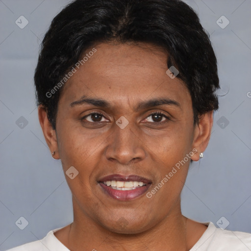 Joyful latino adult male with short  brown hair and brown eyes