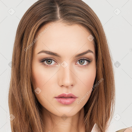 Neutral white young-adult female with long  brown hair and brown eyes