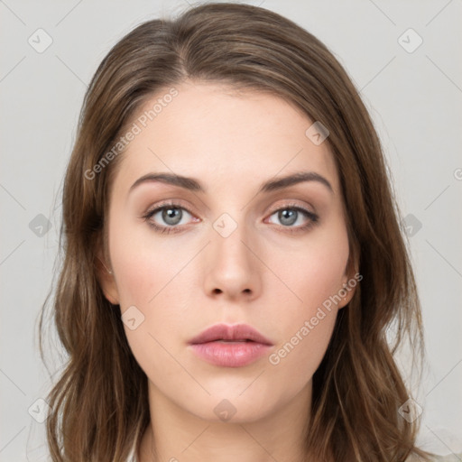 Neutral white young-adult female with medium  brown hair and grey eyes