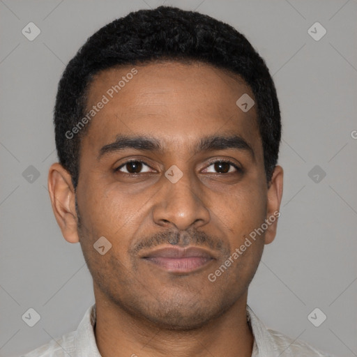 Neutral latino young-adult male with short  black hair and brown eyes