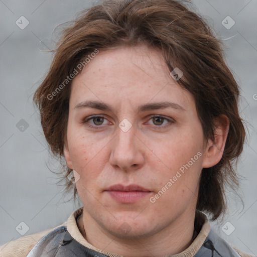 Neutral white adult female with medium  brown hair and brown eyes