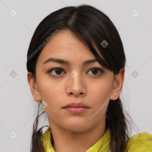 Neutral asian young-adult female with medium  brown hair and brown eyes