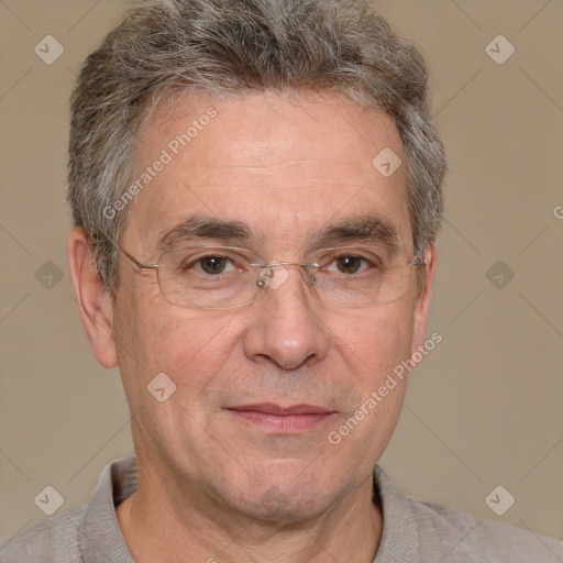 Joyful white middle-aged male with short  gray hair and brown eyes