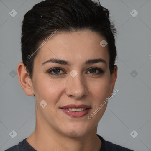 Joyful white young-adult female with short  brown hair and brown eyes