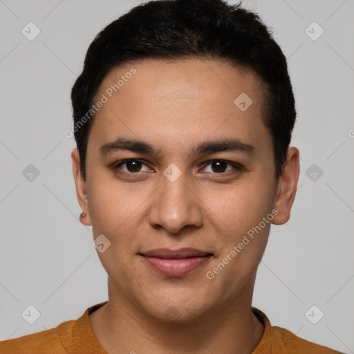 Joyful latino young-adult male with short  brown hair and brown eyes