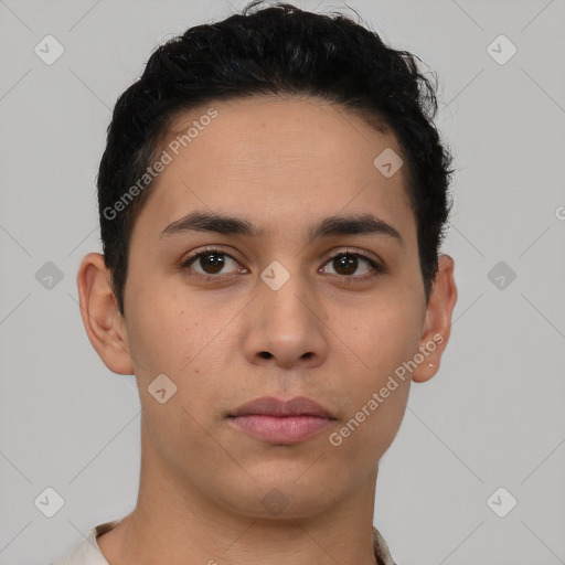 Neutral latino young-adult male with short  brown hair and brown eyes