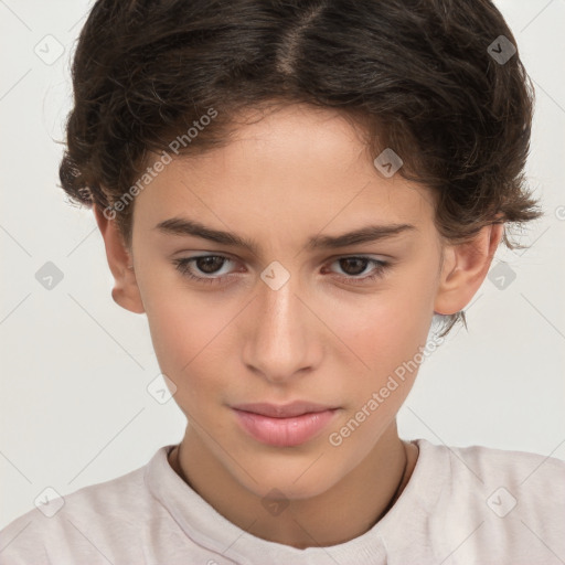 Joyful white child female with short  brown hair and brown eyes