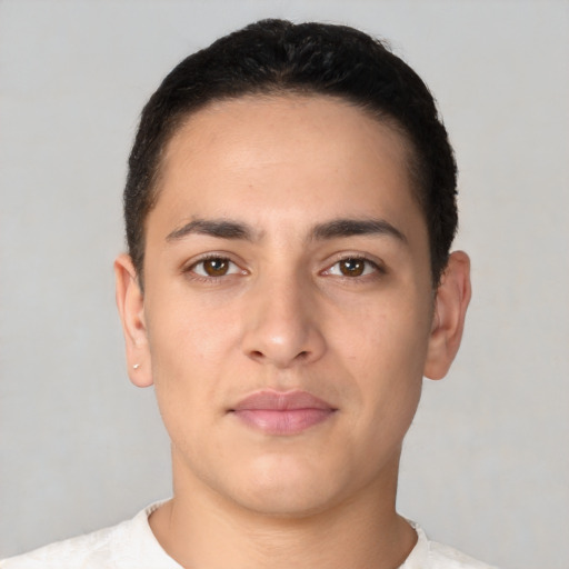 Neutral white young-adult male with short  black hair and brown eyes