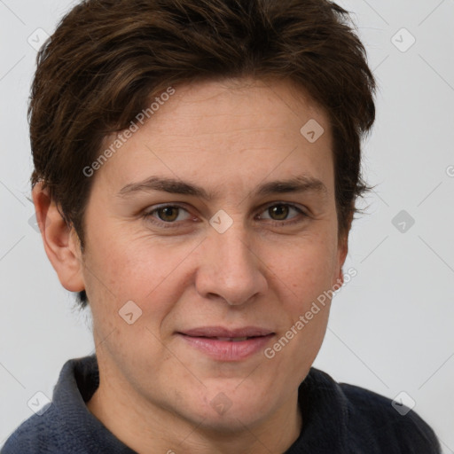 Joyful white adult female with short  brown hair and grey eyes