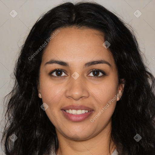 Joyful latino young-adult female with long  brown hair and brown eyes