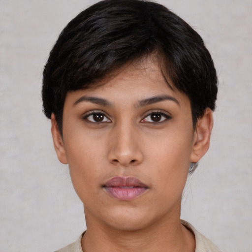 Neutral asian young-adult female with short  black hair and brown eyes
