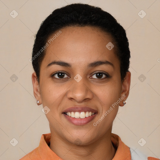 Joyful latino young-adult female with short  brown hair and brown eyes