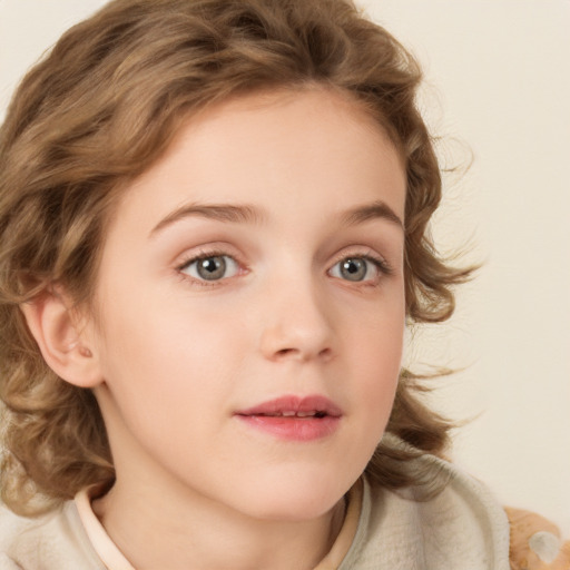 Neutral white child female with medium  brown hair and blue eyes