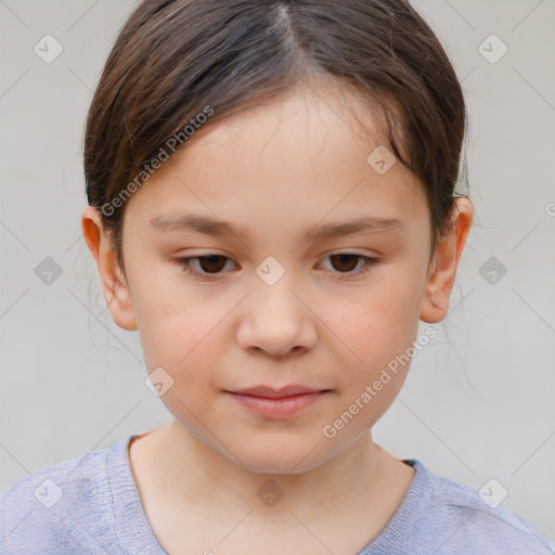 Joyful white child female with medium  brown hair and brown eyes