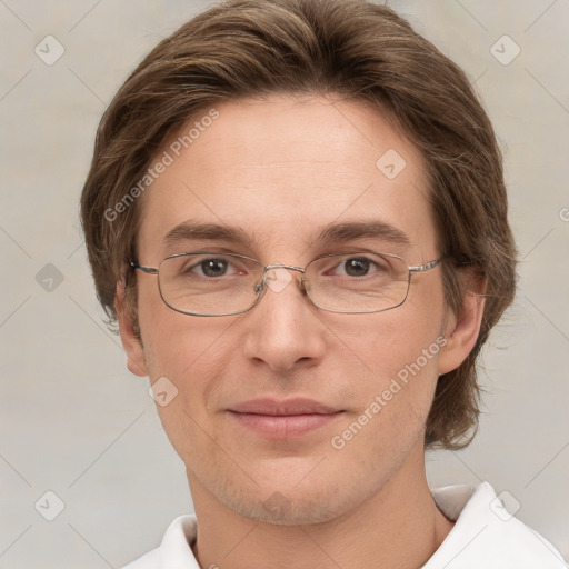 Joyful white adult female with short  brown hair and grey eyes