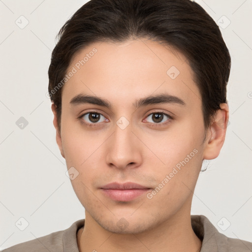 Neutral white young-adult male with short  brown hair and brown eyes