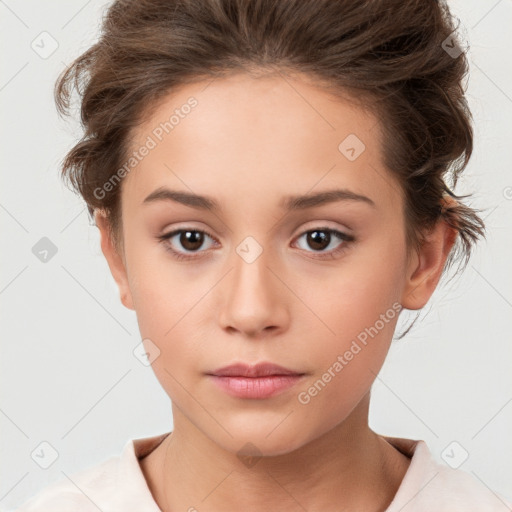 Neutral white young-adult female with short  brown hair and brown eyes