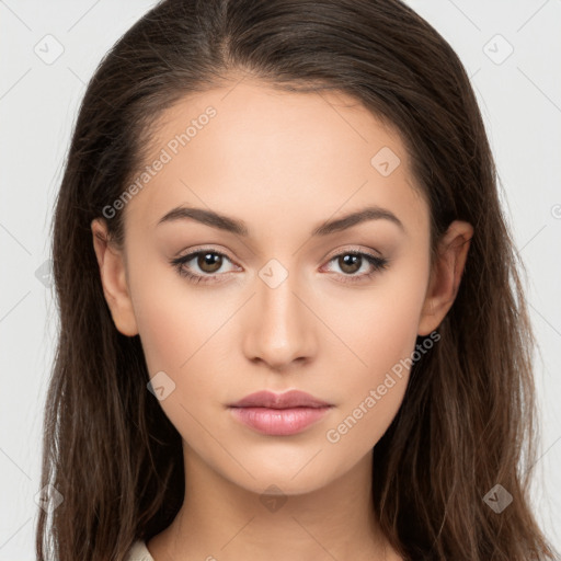 Neutral white young-adult female with long  brown hair and brown eyes